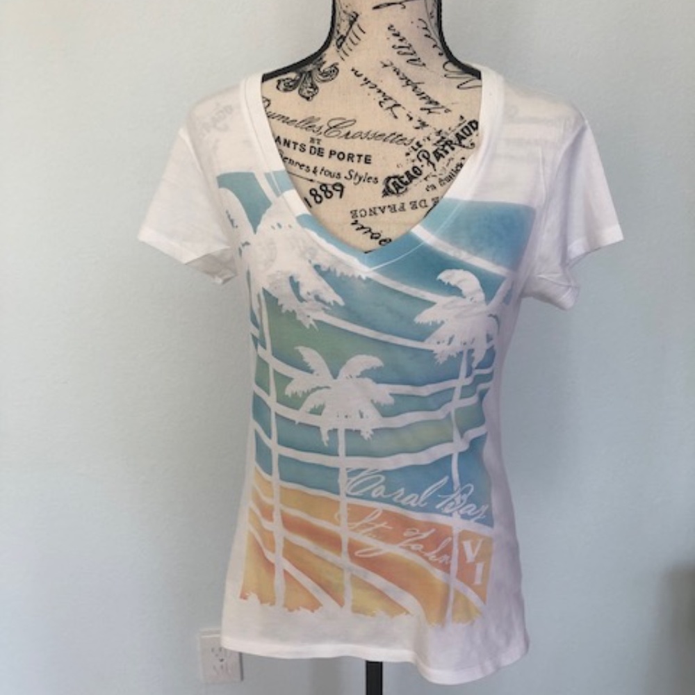 Women's Coral Bay St John, Virgin Island Palm Trees White T-Shirt Size M